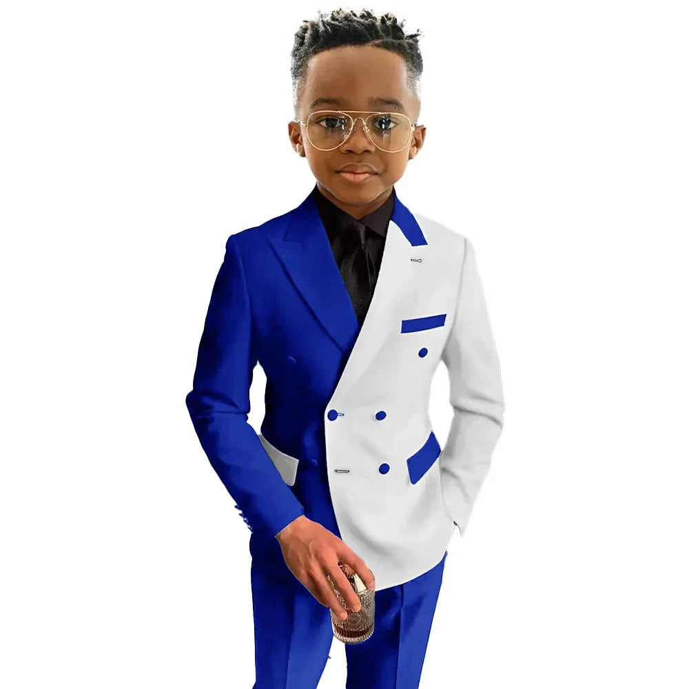 Boys white and royal blue double-breasted wedding suit with bow tie, shown on a child model, by SHOWLU FASHION STORE