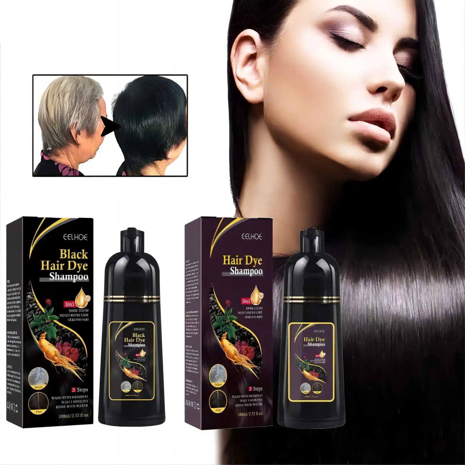 Eelhoe Black Hair Dye Shampoo by SHOWLU FASHION STORE, 100ml bottle of natural polygonum gray hair cover product.