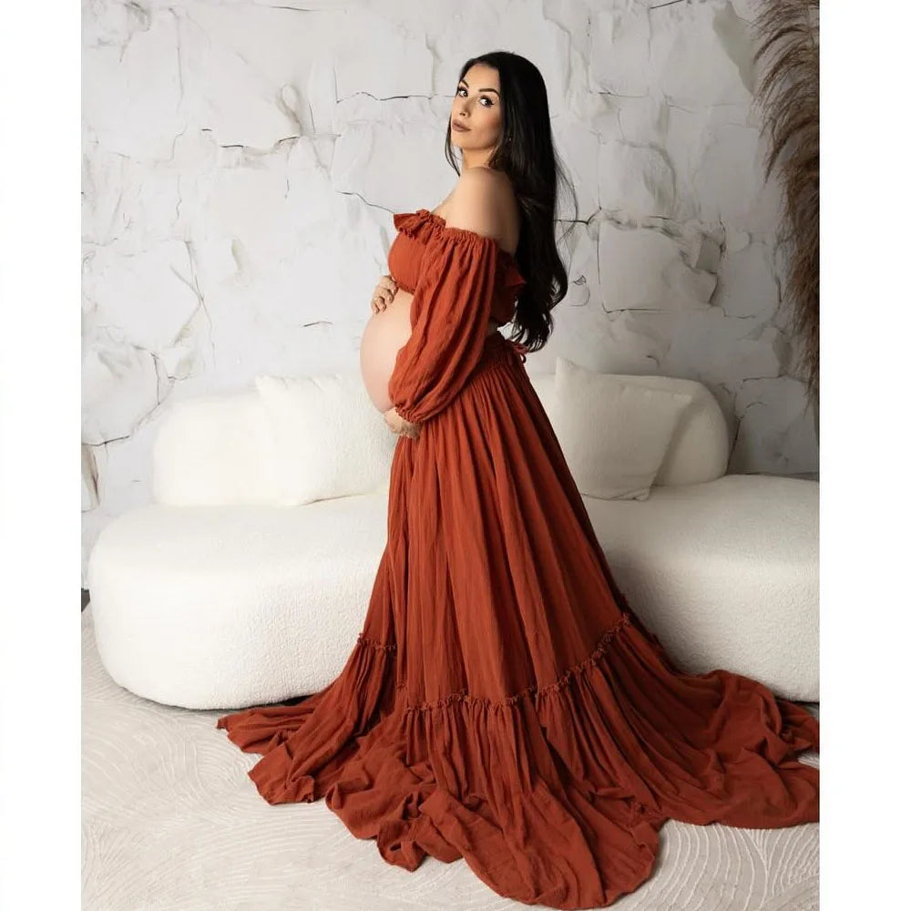Showlu Bohemian 2-piece maternity photography gown set with linen cotton fabric, featuring flowing design for maternity photoshoots.