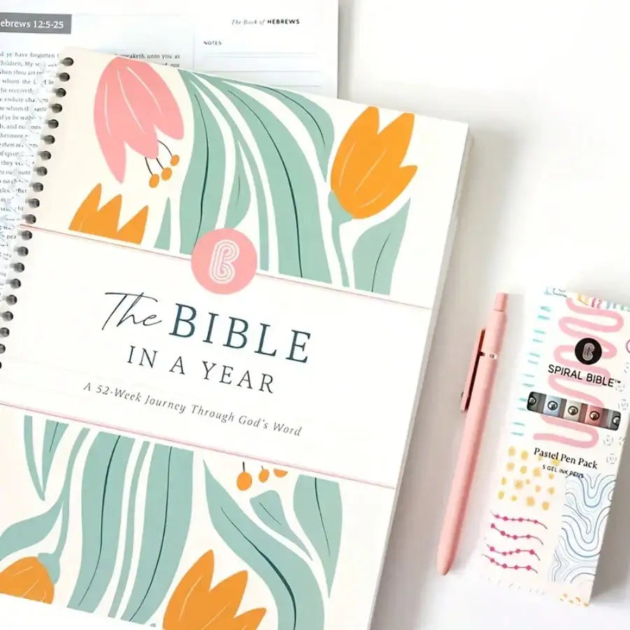 Spiral-bound Showlu 52-Week Bible Study Journal with devotional pages for daily reflection and scripture notes.