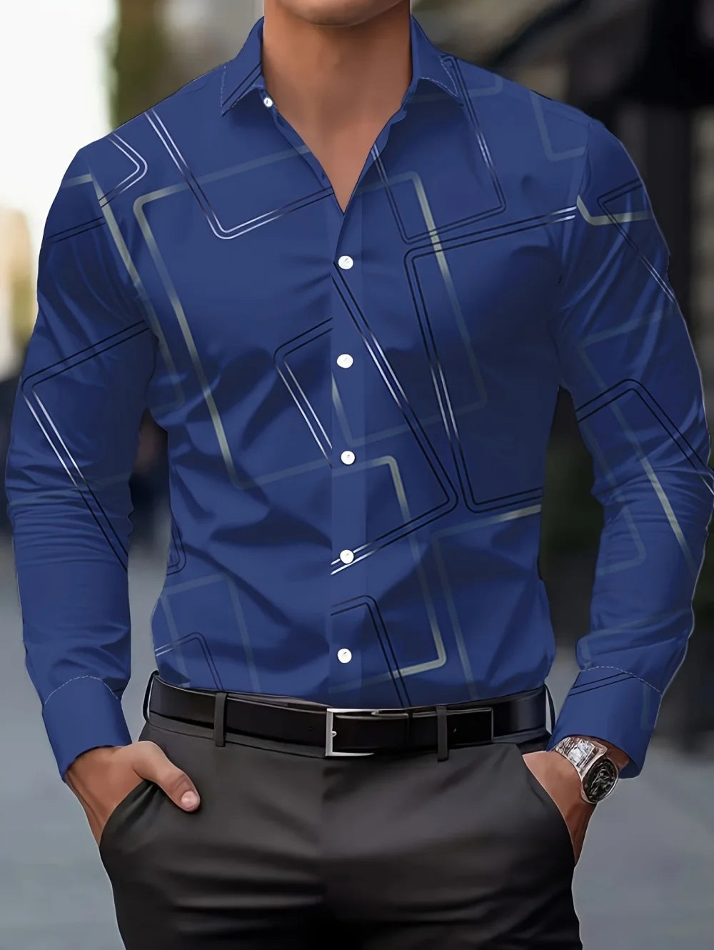 Men's long-sleeved spring shirt by Showlu Fashion, minimalist line design, casual business style, high-end men's clothing.