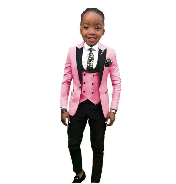 SHOWLU Boys 3-piece formal suit set with cotton peak lapel tuxedo, including jacket, vest, and trousers for special occasions.