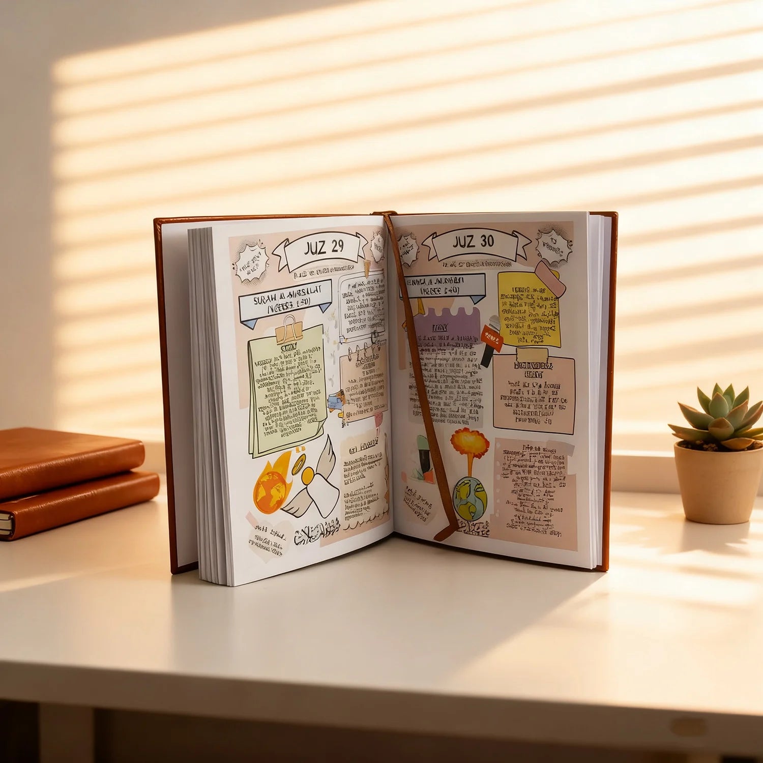 Showlu Quran prayer notebook with illustrated pages for 30 Juz Bible study, featuring a sleek, portable design.