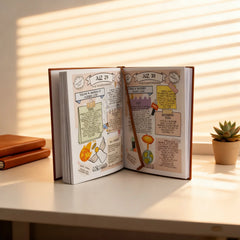 An open Quran prayer notebook with illustrated pages for Juz 29 and 30 sits on a white desk.