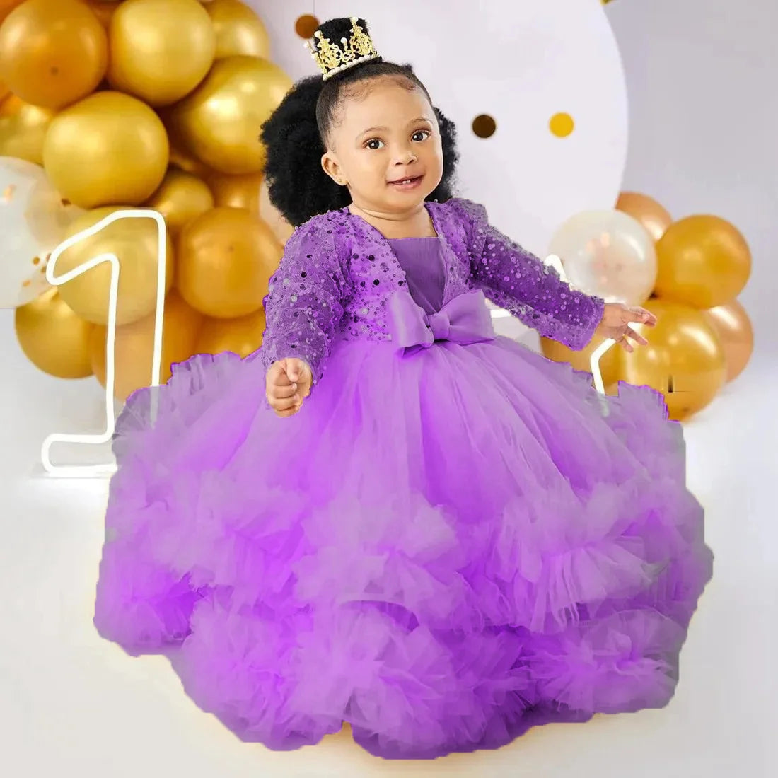 Elegant flower girl dress by Showlu Fashion with sequins, full sleeves, floor-length, perfect for weddings, photoshoots, and first communions.