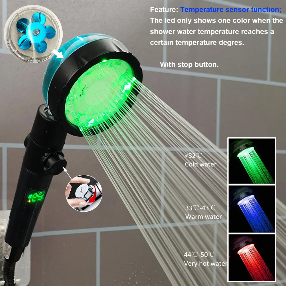 Showlu Smart General LED handheld shower head with temperature display and adjustable pressure, shown with water spray.