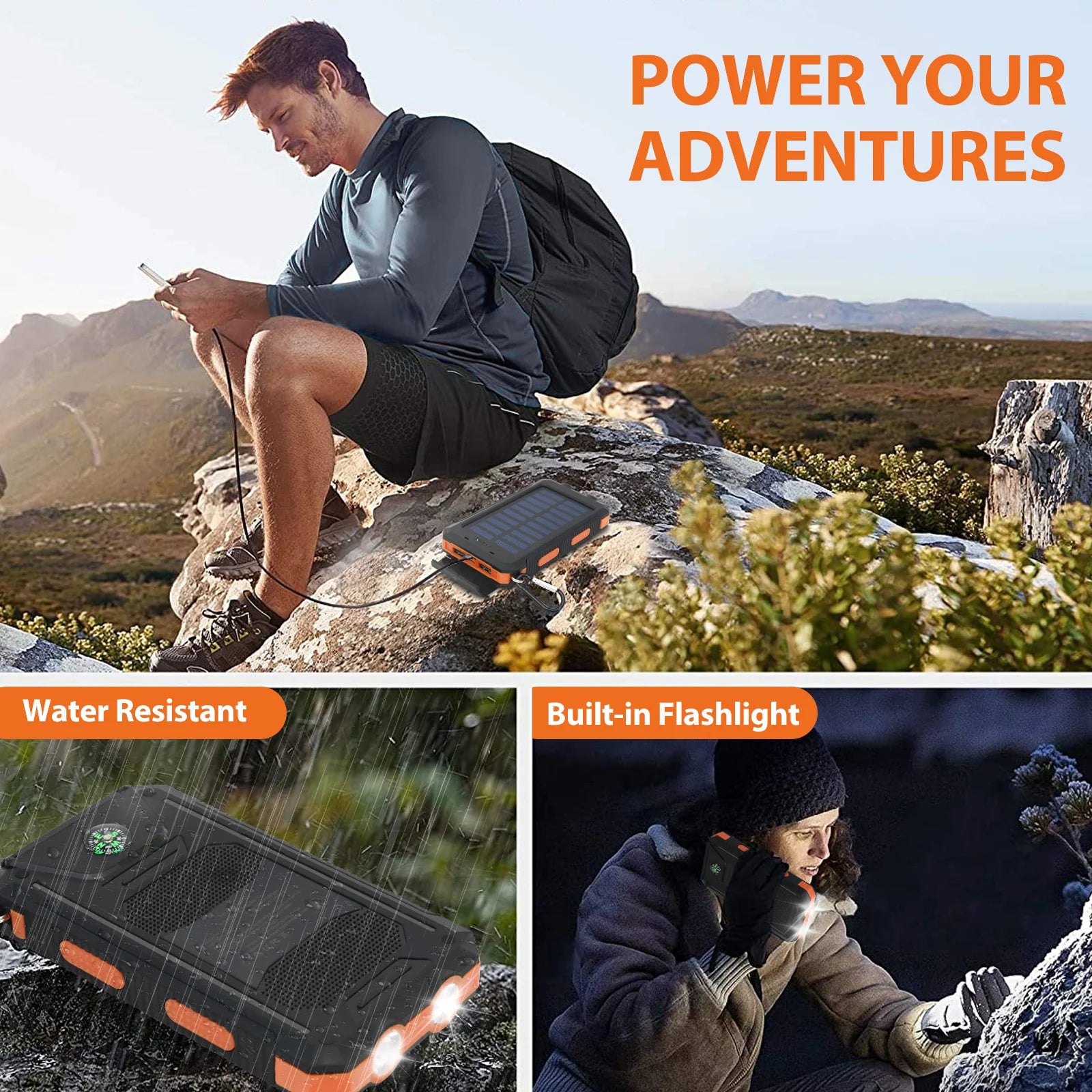 Showlu Smart 20000mAh waterproof solar power bank with multiple USB ports, compact portable charger, and rugged outdoor design.