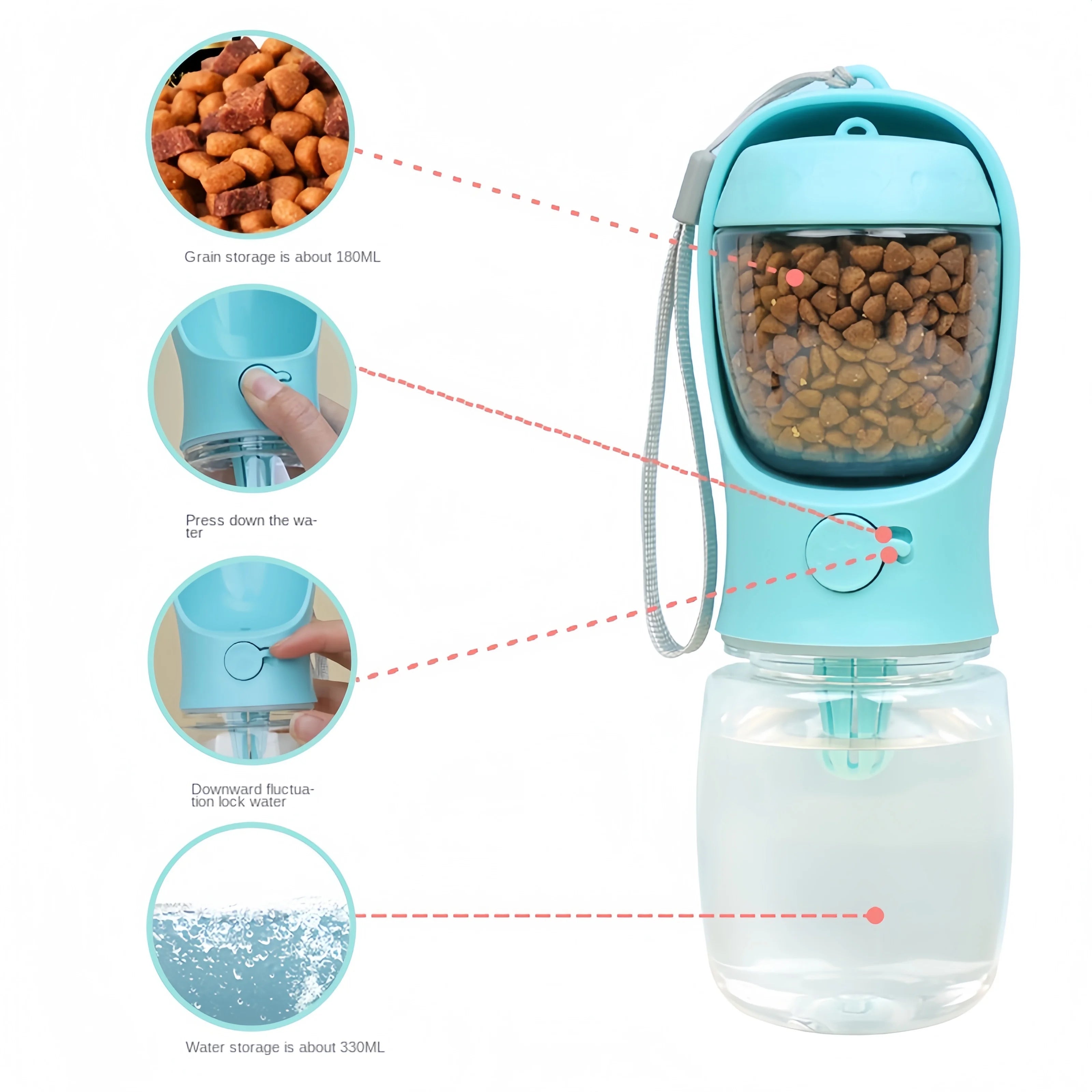 Showlu portable dog water bottle with built-in food and water container, ideal for travel with pets
