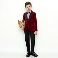 Autumn Boys Red Velvet Suit Set Children Birthday Party Wedding Host Piano Performance Costume Kids Blazer Pants Bowtie Outfit