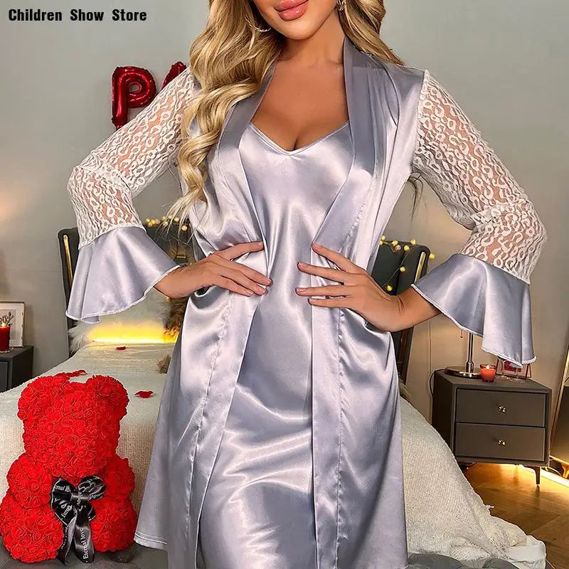 Women’s rayon kimono sleep gown with lace sleeves, elegant nightdress, and comfortable summer robe from Showlu Fashion.