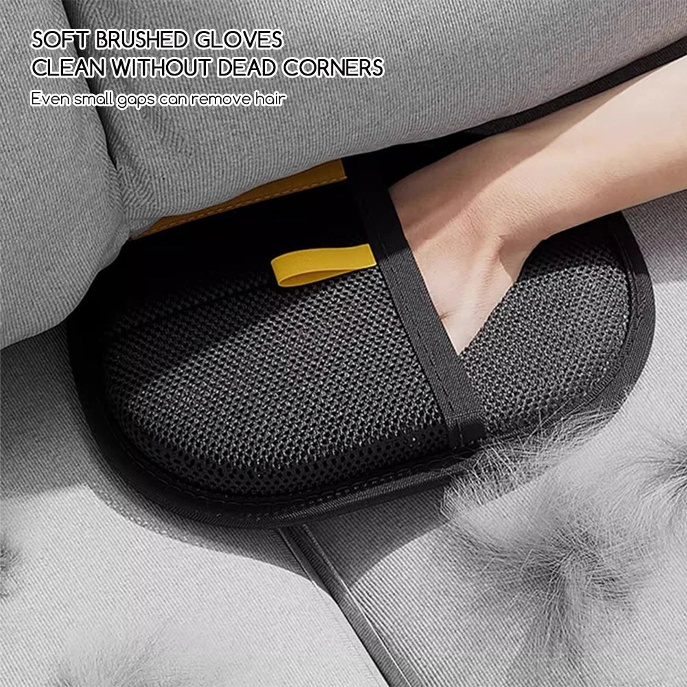 Showlu Pet electrostatic hair removal gloves for dogs and cats, showing hands wearing gloves to remove fur.