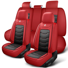 A set of red and black artificial leather car seat covers for a five-seater vehicle.