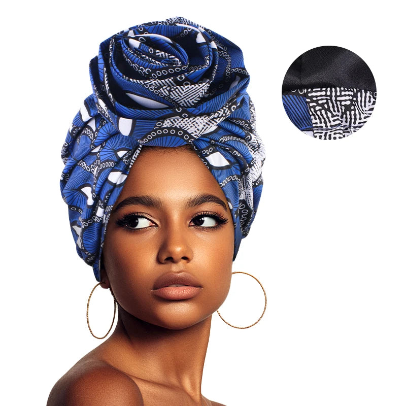 African satin-lined woman turban cap with large flower print, floral headwrap, Muslim bonnet, and ladies beanie style.