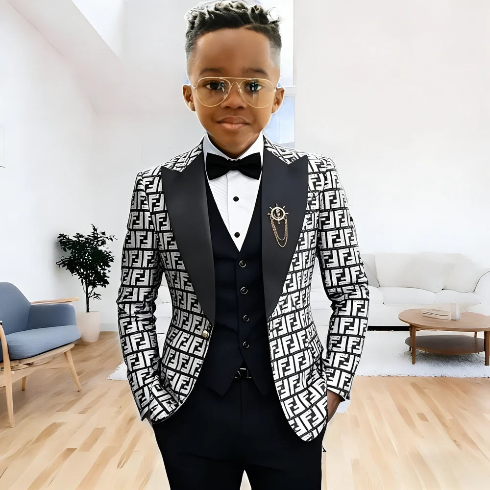 Fashion Floral Boys Suit 3 Pieces Wedding Tuxedos Single Breasted Formal Jacket Vest Pants Kids Blazer Set Slim Fit Child Outfit
