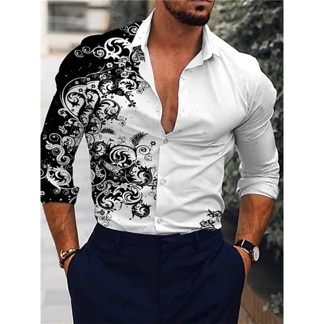 Hawaiian piano luxury men's designer shirt with floral 3D print, long sleeves, casual single-breasted top by Showlu Fashion
