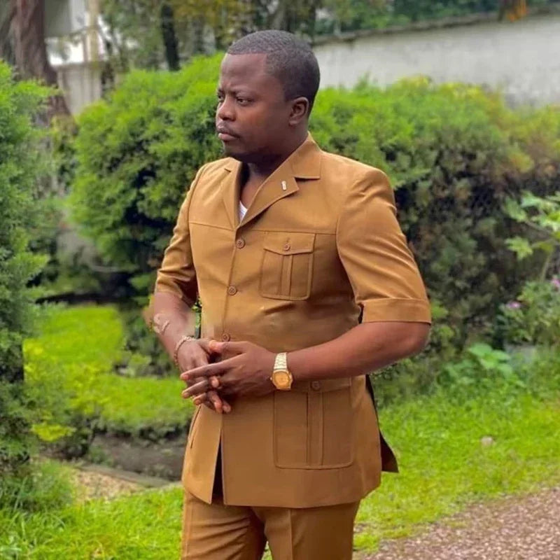 Safari men's fashion suit with short sleeves, single-breasted jacket and pants, stylish African-inspired design by Showlu Fashion
