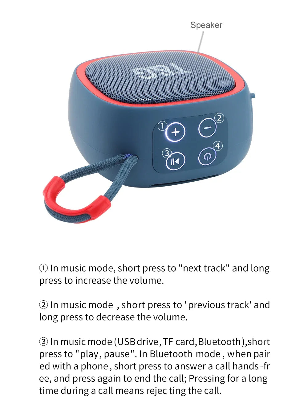 Mini Bluetooth speaker by Showlu Fashion Store, compact design with buttons and LED indicator, ideal for portable audio playback.