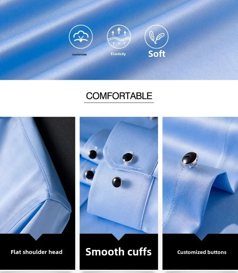 Men's long sleeve silk shirt by Showlu Fashion, featuring diamond buttons, soft, anti-wrinkle, stretch, formal business style