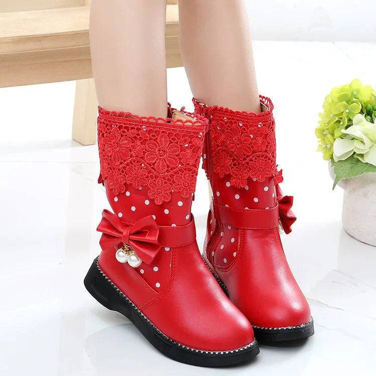 Girls winter snow boots by SHOWLU FASHION STORE, warm cotton-lined mid-calf shoes in brown PU leather with laces