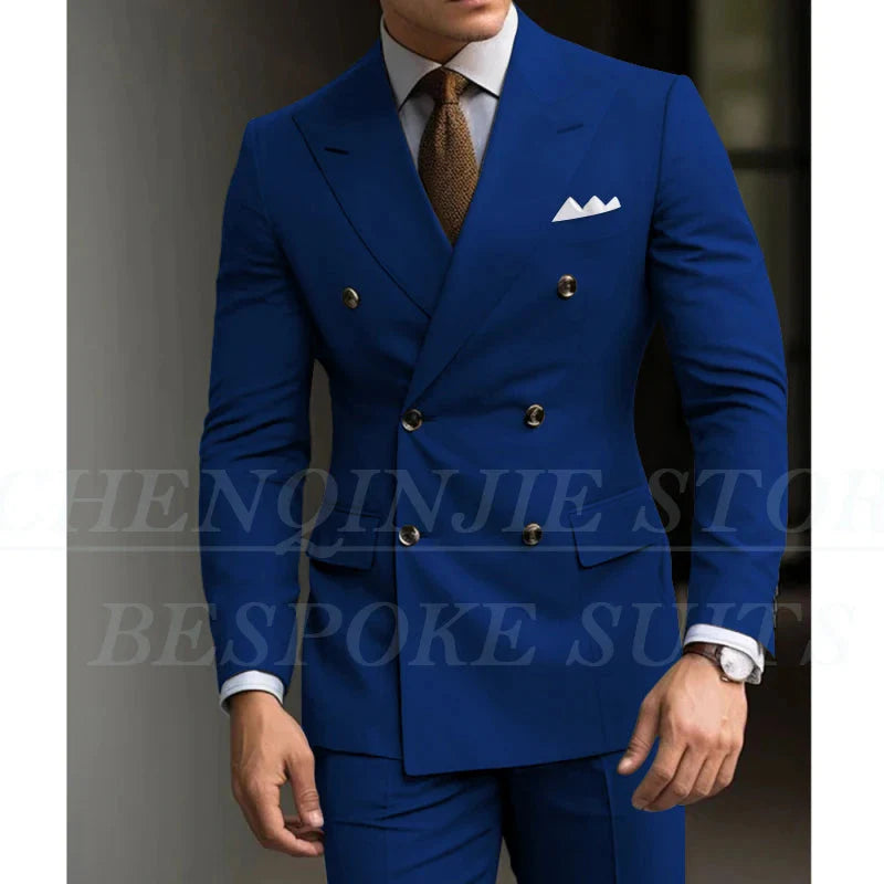 SHOWLU men's slim fit green 2-piece suit with double-breasted blazer, tailored for a modern, stylish look at special occasions.
