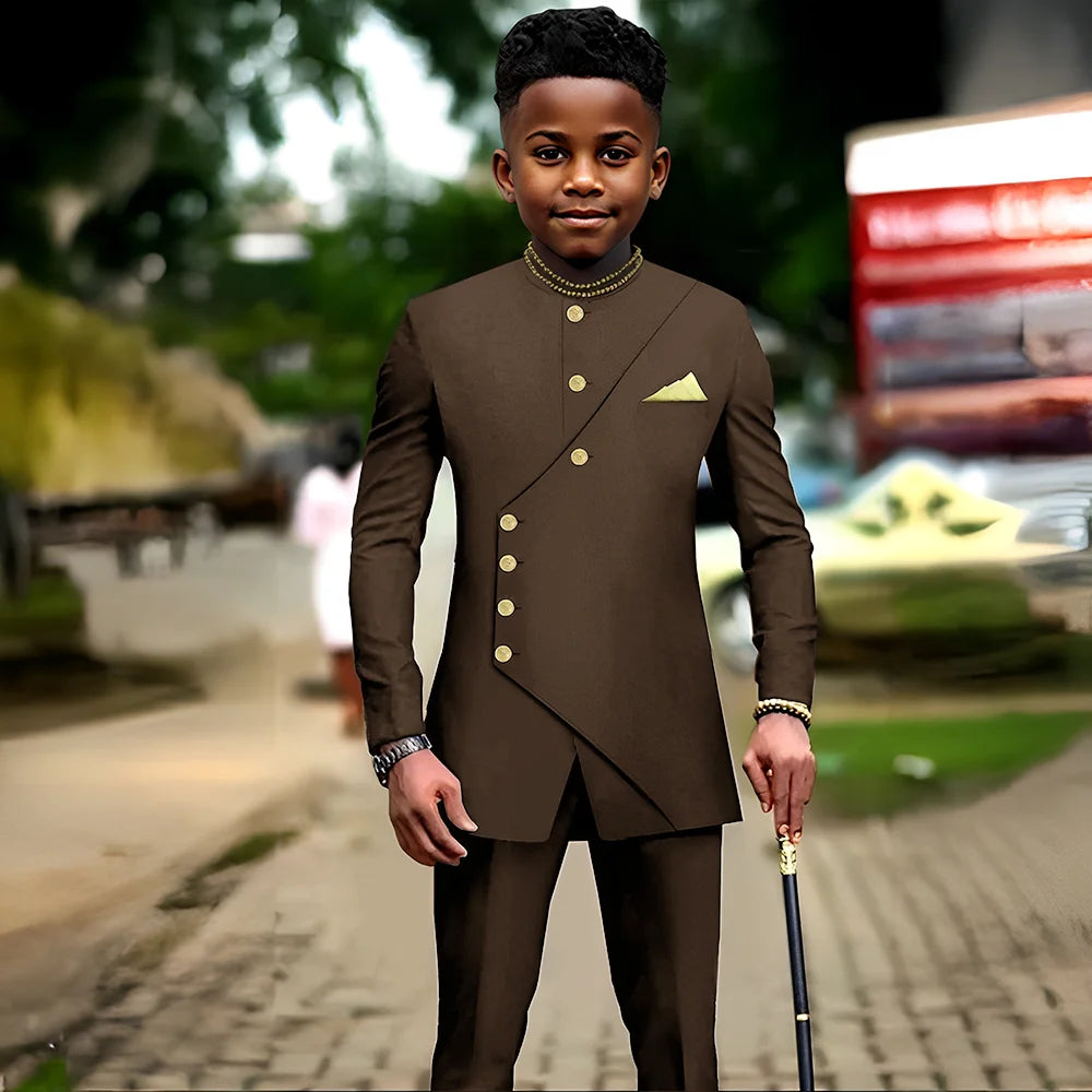 African boys' 2-piece suit jacket and pants by Showlu Fashion Store, suitable for parties, weddings, and dance events for ages 2-16.