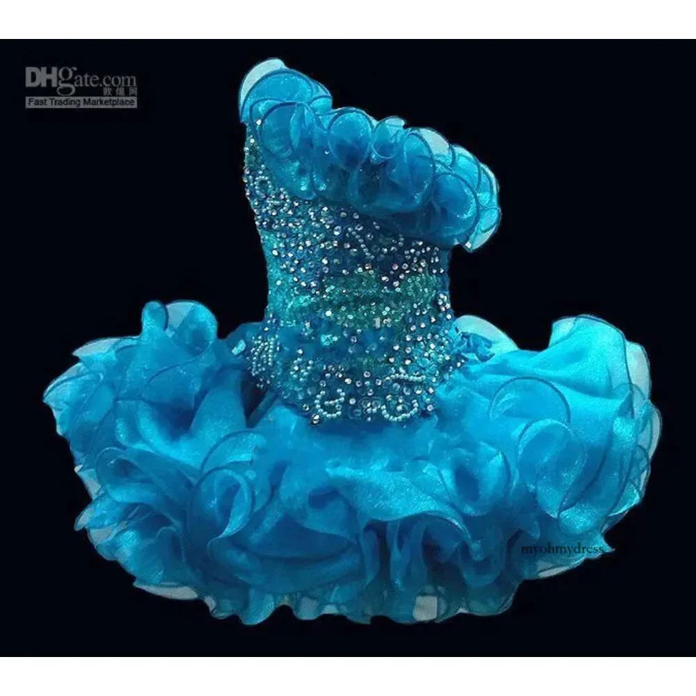 Glam One Shoulder Ruffle Trim Kids Formal Dress Sparkle Crystal Embellished Bodice Voluminous Glitter Tulle Skirt Birthday Gown