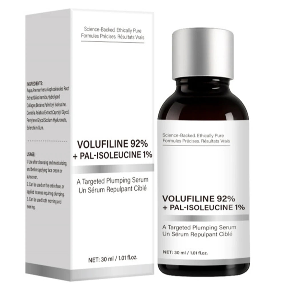 30ml Velofeilin 92% and Pal-Isoleucine 1% facial serum bottle for youthful, plumping skin in a clear glass container.