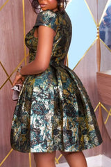 Plus Size Party Green V Neck Zipper Jacquard Mini Dresses