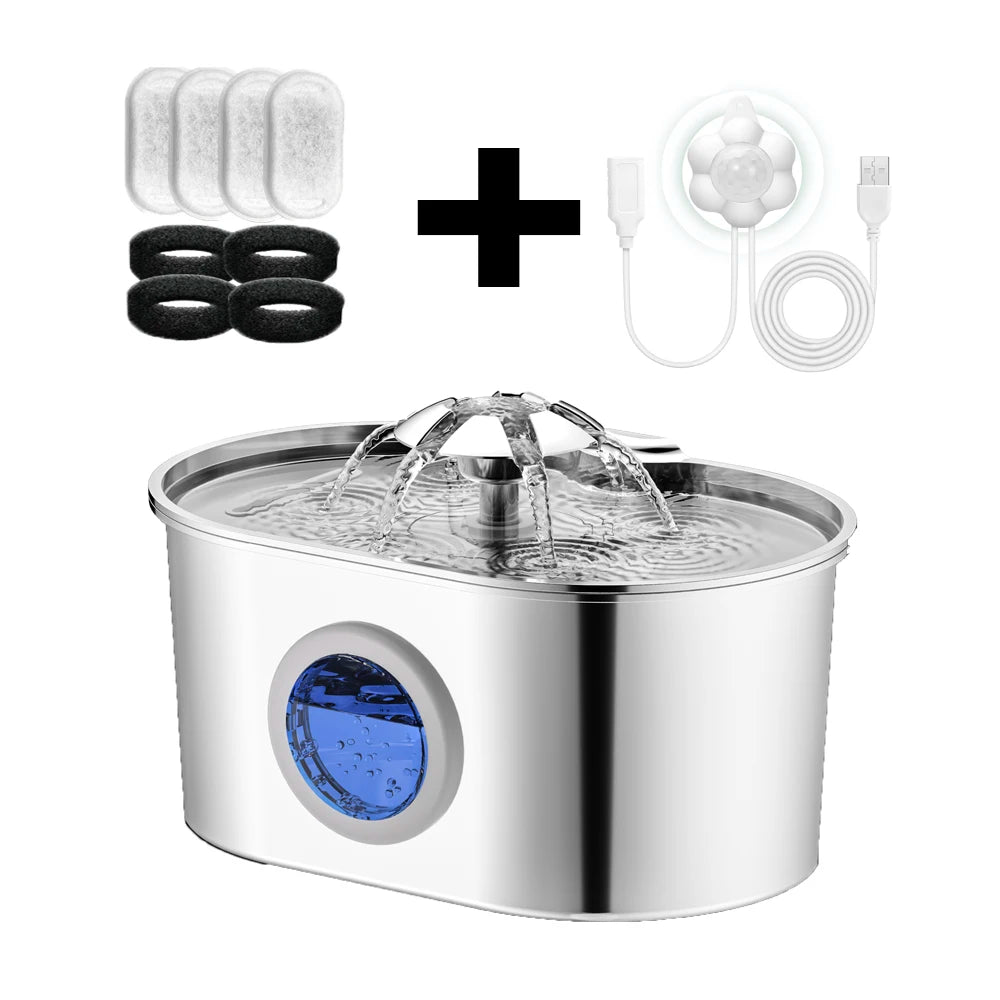 Stainless steel ZKYJ cat water fountain from Showlu Fashion Store featuring a quiet, multi-tier pet water dispenser with flowing water.