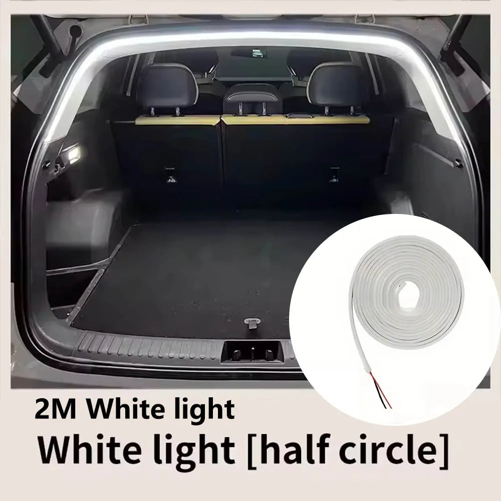 LUMERIS Motion Sensor LED car trunk light strip showing ambient lighting inside vehicle trunk with motion detection feature.