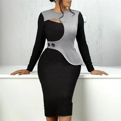 Elegant Elastic Patchwork Bodycon Pencil Dress Women Club Clothing Long Sleeve O-neck Back Split Vintage Night Party Midi Dress
