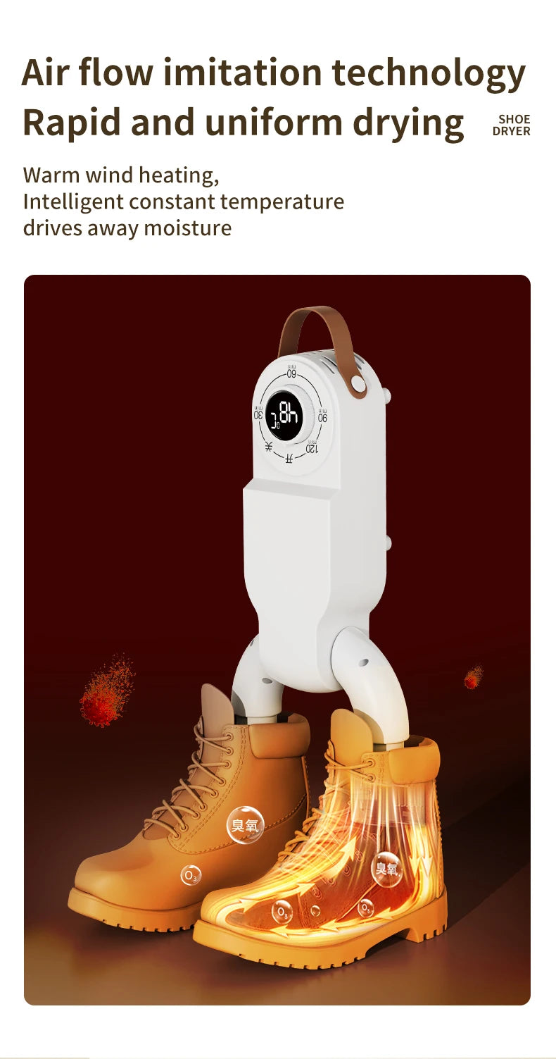 Portable electric shoe dryer with 150W power and deodorizer function, shown in a sleek design with timer features.