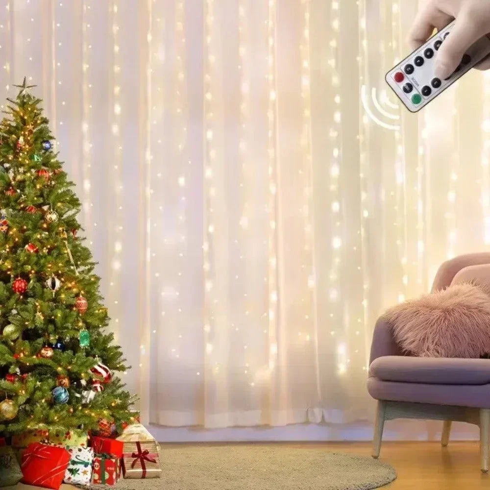 Showlu Smart General LED curtain fairy lights hanging with warm white glow, ideal for home décor and festive decoration.