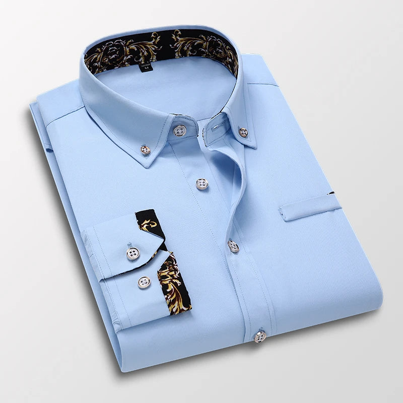 White men's long sleeve cotton dress shirt with a classic collar, suitable for casual, business, and formal occasions.
