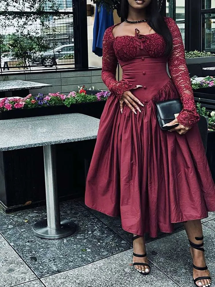 SHOWLU FASHION women's vintage lace long sleeve dress with square collar, French-inspired style, elegant and feminine design.