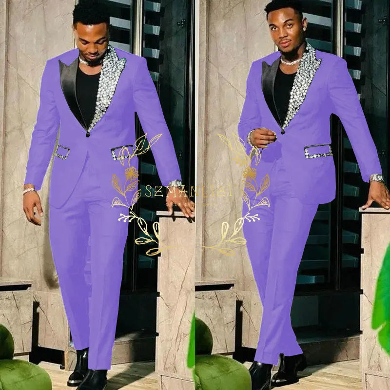 Black men's slim fit suit with single-breasted blazer and matching pants, featuring peak lapel, high-quality fabric, ideal for prom or parties.