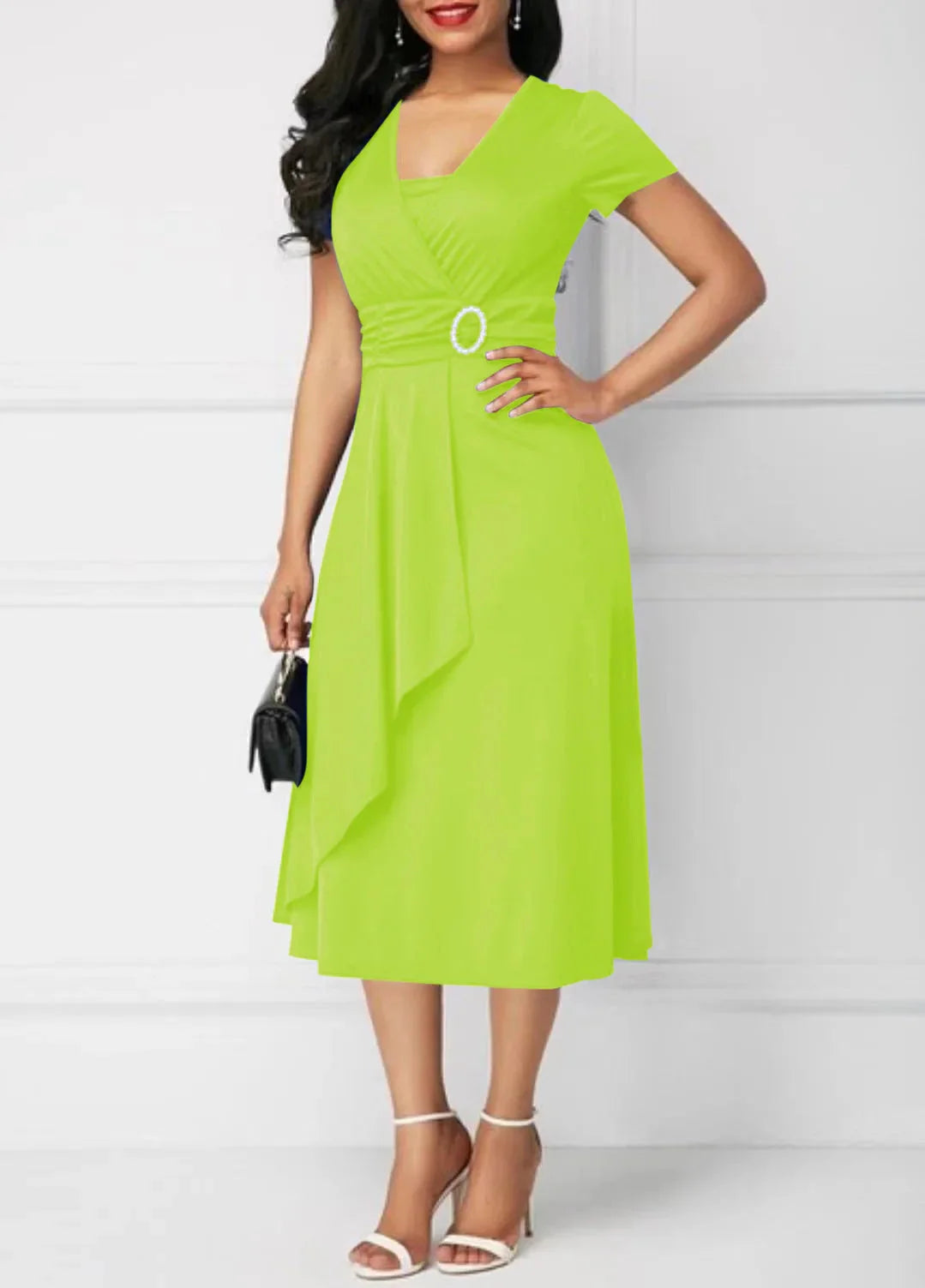 Ehuanhood women's V-neck chiffon midi dress in solid color, A-line style, perfect for parties and elegant occasions.