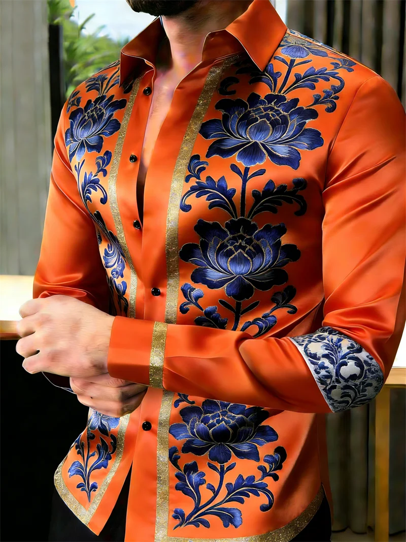 Men's long-sleeved flower pattern 3D printed shirt by Showlu Fashion, featuring 11 colors, casual lapel design, high-quality fabric.