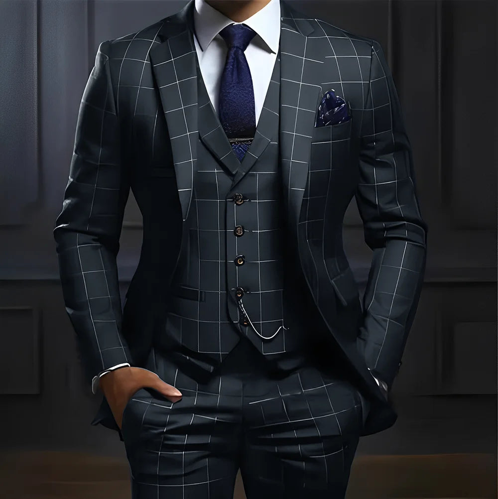 Showlu Men's 3-Piece Plaid Suit with slim fit, formal tuxedo style, featuring a plaid pattern and tailored design.