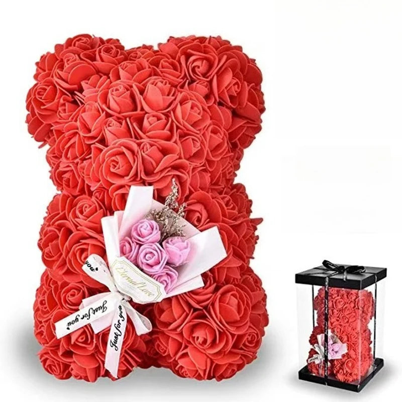 Artificial 25cm rose bear by Showlu Fashion, foam flower gift in a box, featuring realistic red roses and plush bear design.