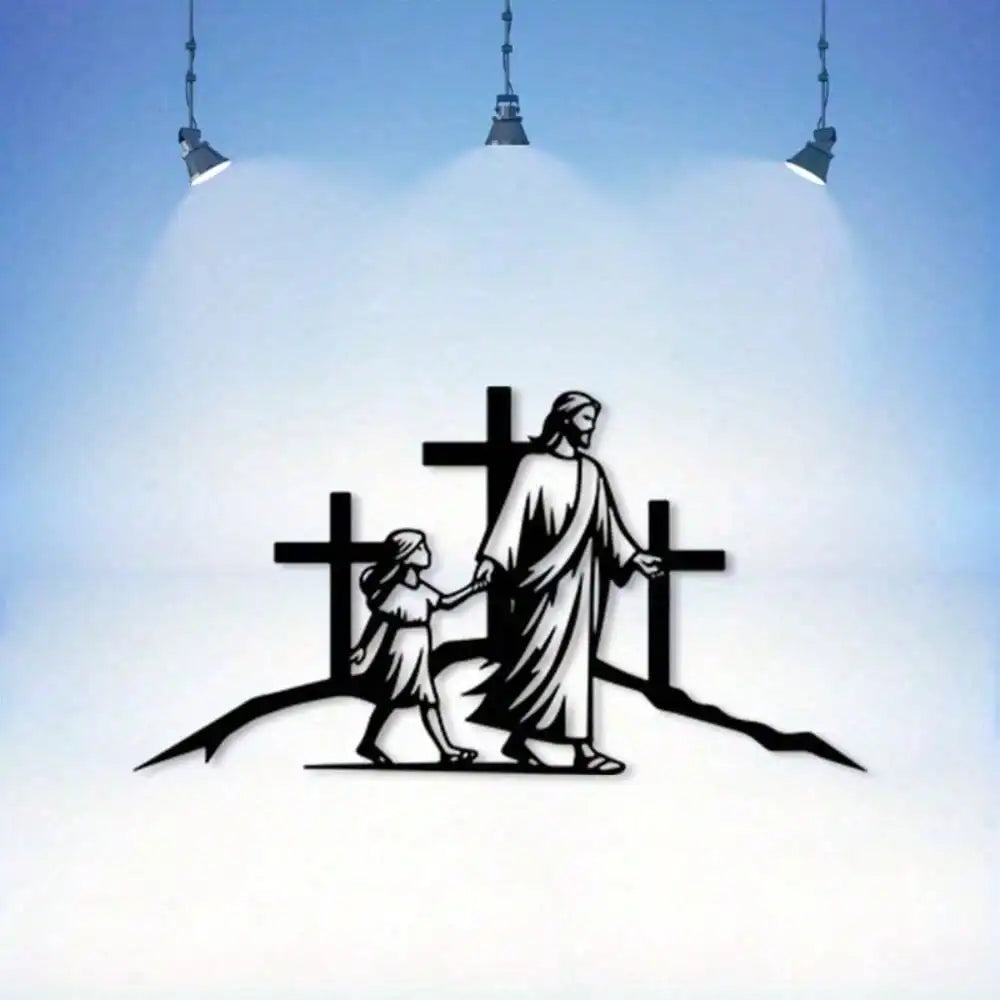 Rustproof metal Jesus on cross wall art, Christian home decor piece with intricate design and durable finish.