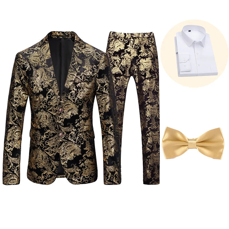 Men's 3-piece slim fit British style wedding suit by Showlu Fashion, featuring printed design and tailored fit for formal occasions.