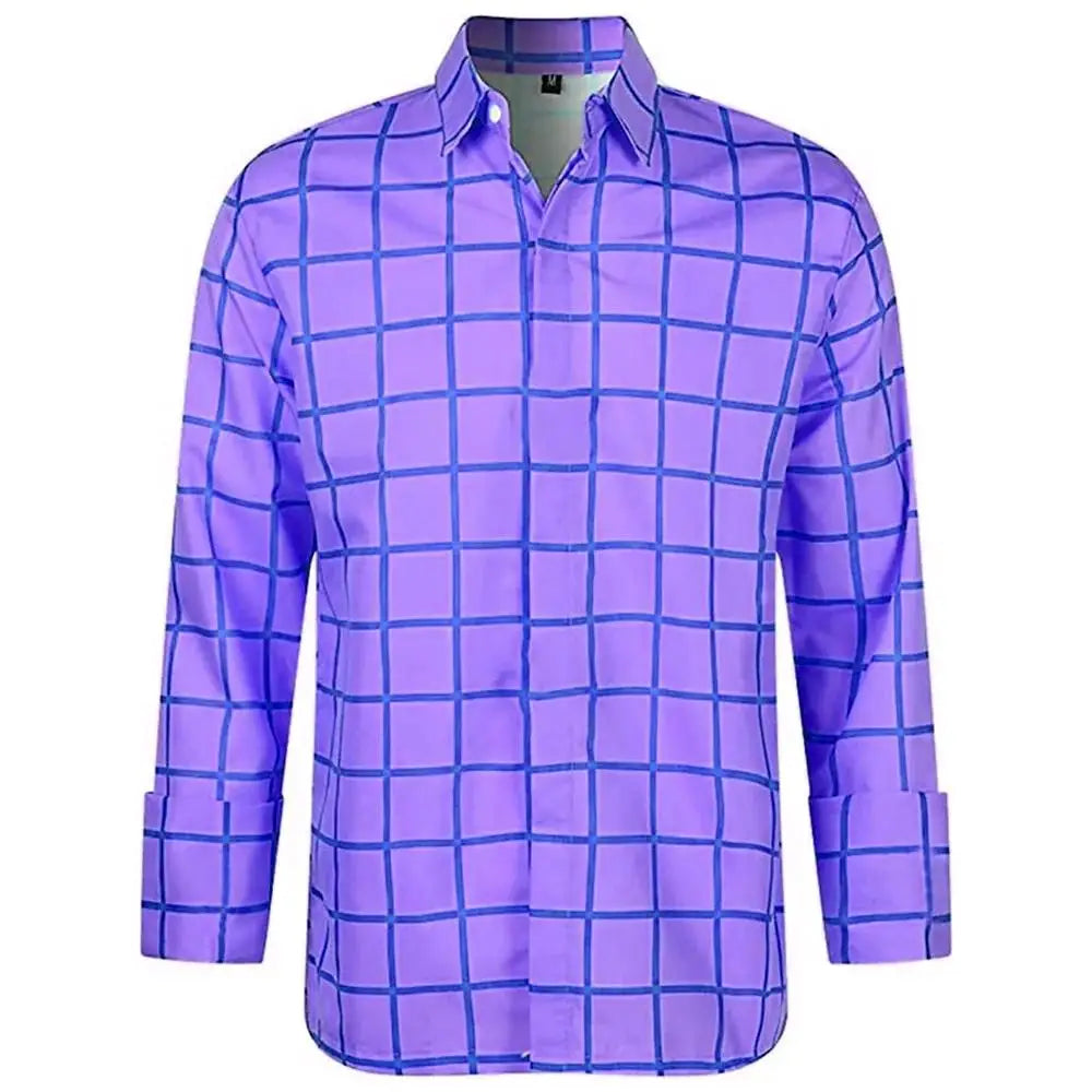 Casual men's long sleeve plaid shirt with 3D print, featuring a lapel collar, suitable for summer, unisex fashion by Showlu Fashion.