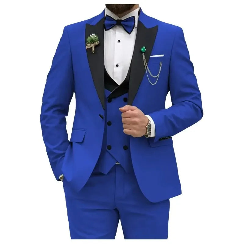 Royal blue men's 3-piece slim fit suit by Showlu Fashion, featuring a double-breasted blazer, matching trousers, and vest.