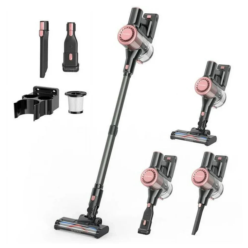 Homeika cordless vacuum cleaner with LED display, 28KPA suction, and 8-in-1 design shown with attachments and sleek body.