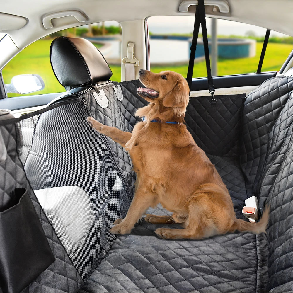 Waterproof dog car seat cover by Showlu Fashion Store, rear back hammock protector with safety belt for SUVs and trucks.
