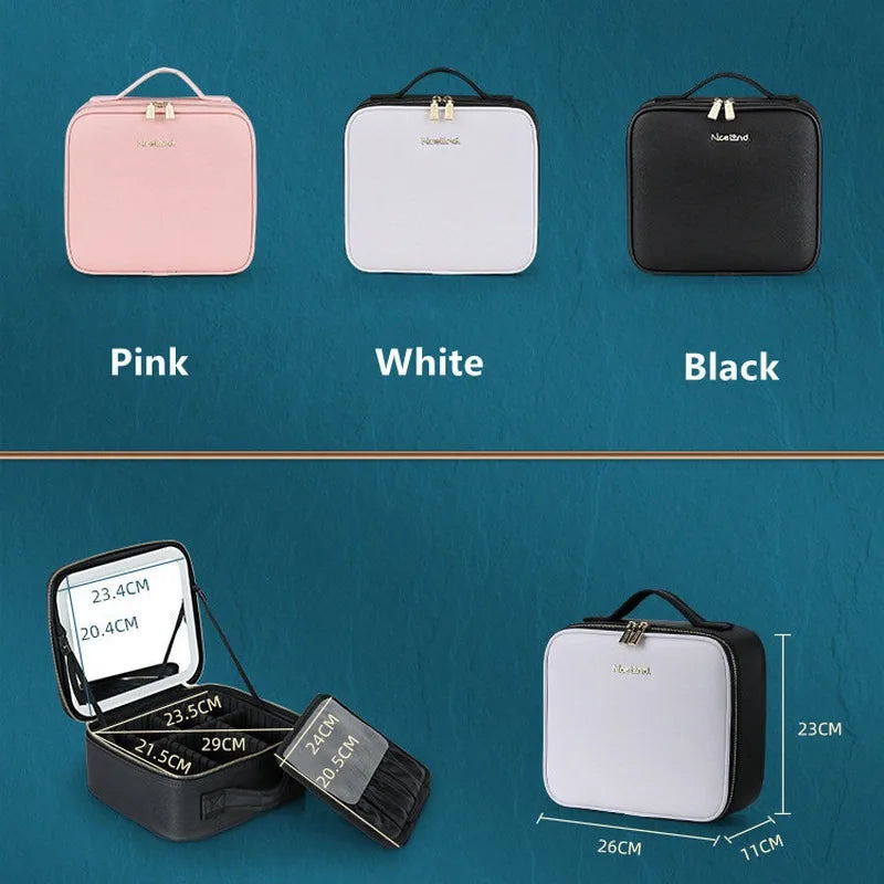 Showlu LED lighted cosmetic case with waterproof PU leather, makeup bag featuring built-in LED lights and multiple compartments.