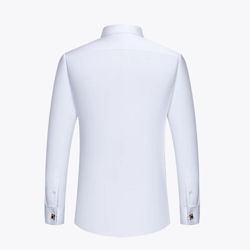 Embroidered French cufflinks on a men's long-sleeve dress shirt with collar pins, suitable for formal business wear.