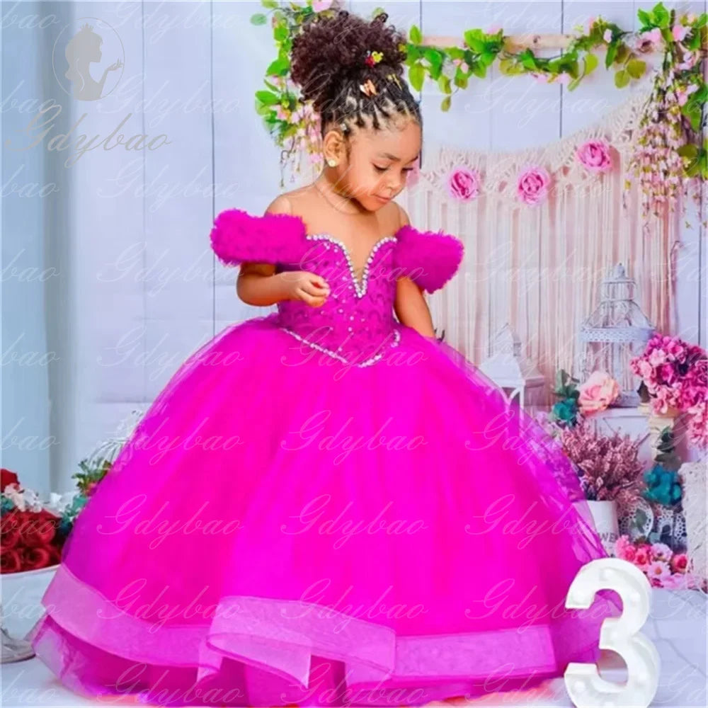 Red flower girl dress by SHOWLU FASHION STORE featuring tulle ruffles and a ball gown style for weddings.