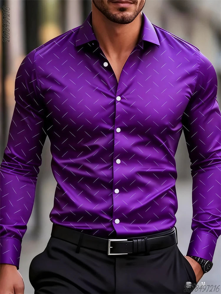 Men's long-sleeved geometric pattern shirt in 17 colors, stylish business casual non-iron top by Showlu Fashion.